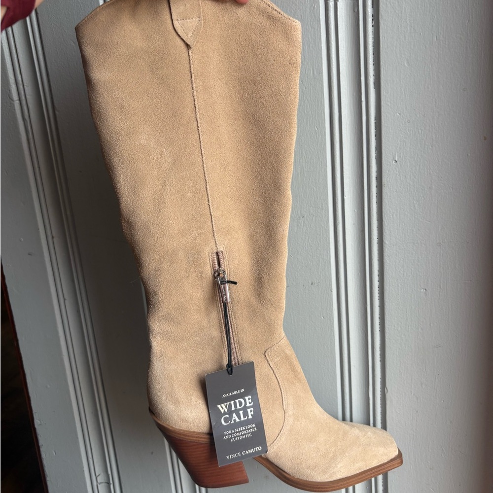 Women’s Tan Suede Tall Vince Camuto Afelia Wood Heel Boots NEW Size 9.5M - Picture 4 of 12